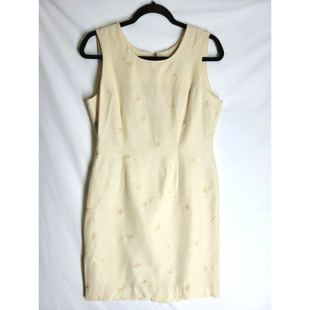 Vintage 90s Y2K NORTON McNAUGHTON Sleeveless Sheath Dress Tan Embroidered 8P